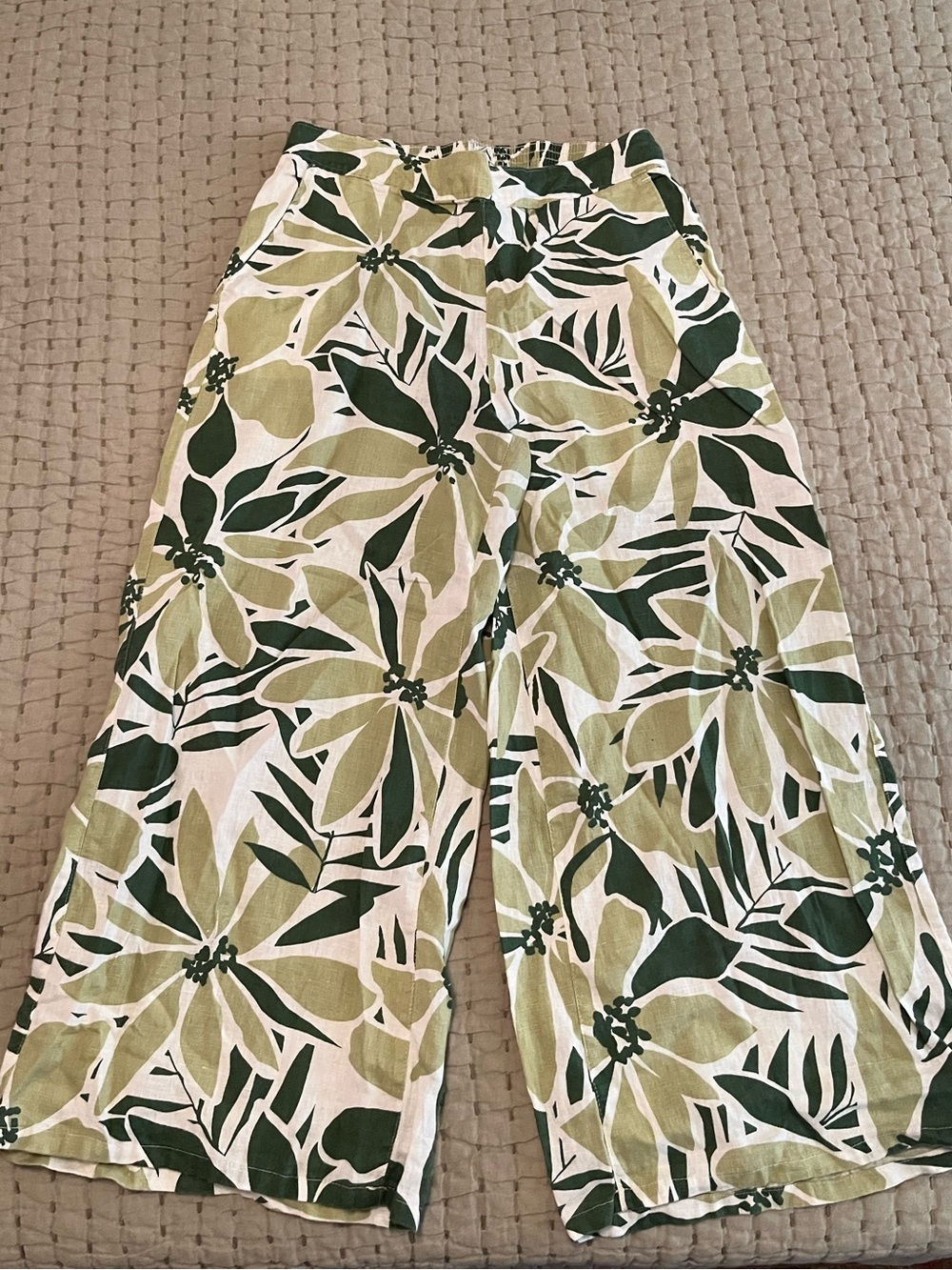 Wide Leg Tropical Print Linen Pants - Green Floral